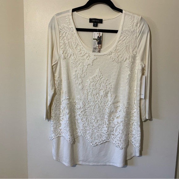 Karen Kane 3/4 Sleeve Top with Lace Overlay in Ivory - Picture 2 of 9